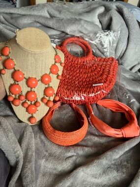 Claire’s 2 New Coral Headbands, Coral New Straw Purse & Bubble Coral Necklace